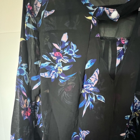 Black Sheer V Neck Long Sleeve Blouse - Picture 2 of 7